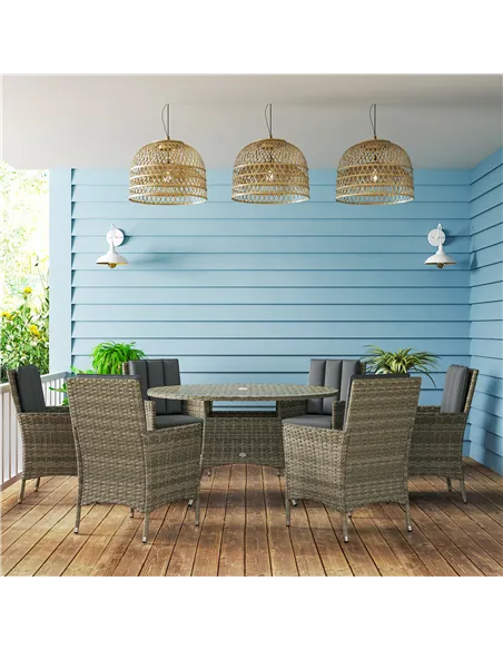 Outsunny Seven-Piece Rattan Dining Table, with Round Glass-Top Table - Light Grey