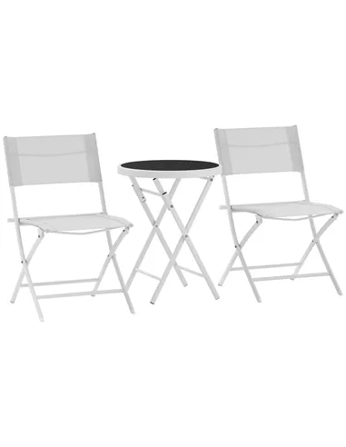 Outsunny 3 Pieces Outdoor Bistro Set, Glass Top Outdoor Table and 2 Folding Chairs with Protecting Feet, White