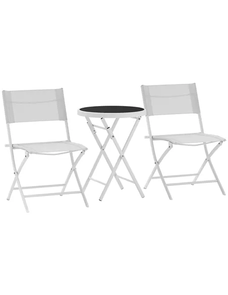 Outsunny 3 Pieces Outdoor Bistro Set, Glass Top Outdoor Table and 2 Folding Chairs with Protecting Feet, White