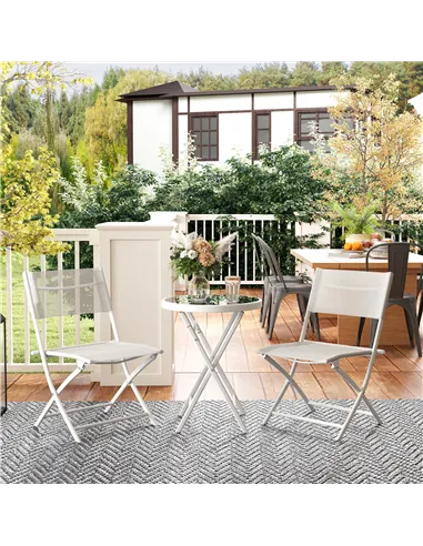 Outsunny 3 Pieces Outdoor Bistro Set, Glass Top Outdoor Table and 2 Folding Chairs with Protecting Feet, White