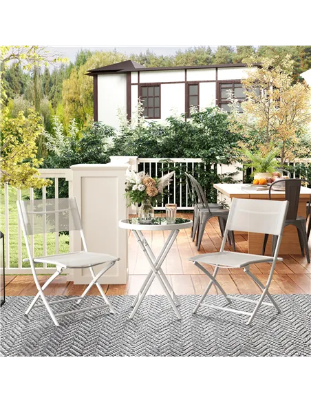 Outsunny 3 Pieces Outdoor Bistro Set, Glass Top Outdoor Table and 2 Folding Chairs with Protecting Feet, White