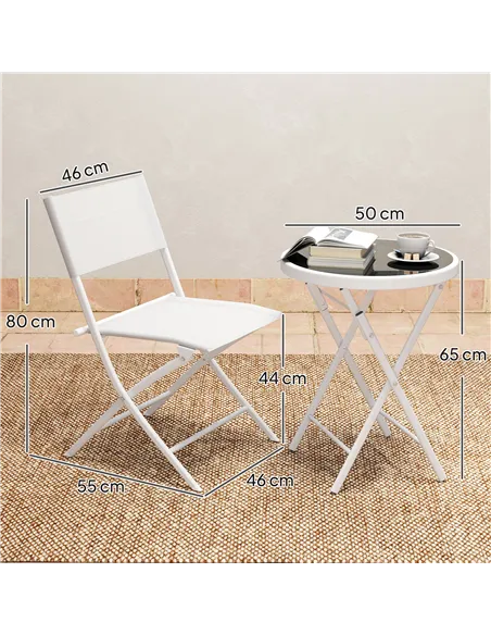 Outsunny 3 Pieces Outdoor Bistro Set, Glass Top Outdoor Table and 2 Folding Chairs with Protecting Feet, White