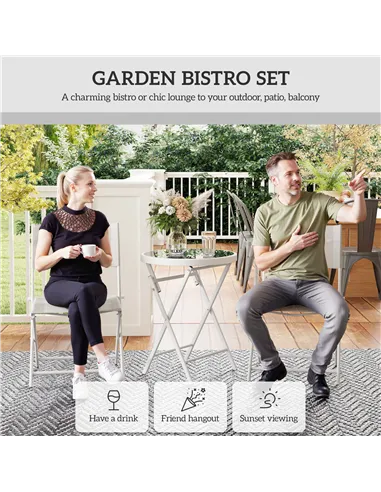 Outsunny 3 Pieces Outdoor Bistro Set, Glass Top Outdoor Table and 2 Folding Chairs with Protecting Feet, White
