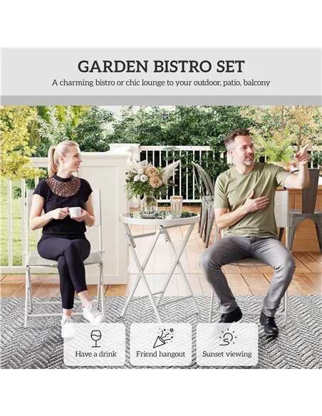 Outsunny 3 Pieces Outdoor Bistro Set, Glass Top Outdoor Table and 2 Folding Chairs with Protecting Feet, White