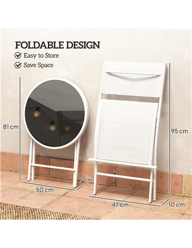 Outsunny 3 Pieces Outdoor Bistro Set, Glass Top Outdoor Table and 2 Folding Chairs with Protecting Feet, White