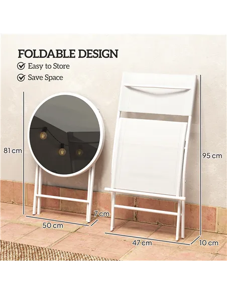 Outsunny 3 Pieces Outdoor Bistro Set, Glass Top Outdoor Table and 2 Folding Chairs with Protecting Feet, White