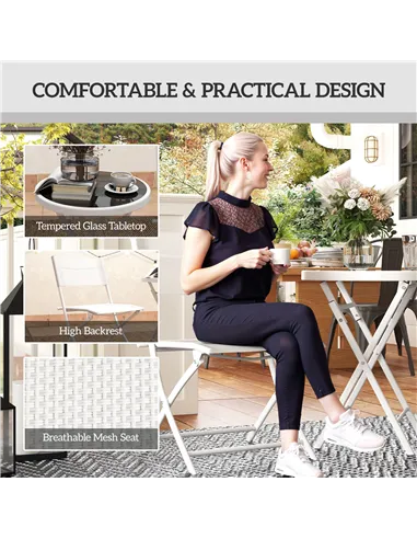 Outsunny 3 Pieces Outdoor Bistro Set, Glass Top Outdoor Table and 2 Folding Chairs with Protecting Feet, White