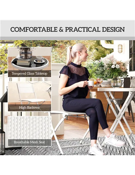 Outsunny 3 Pieces Outdoor Bistro Set, Glass Top Outdoor Table and 2 Folding Chairs with Protecting Feet, White