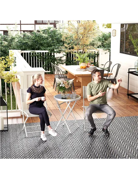 Outsunny 3 Pieces Outdoor Bistro Set, Glass Top Outdoor Table and 2 Folding Chairs with Protecting Feet, White