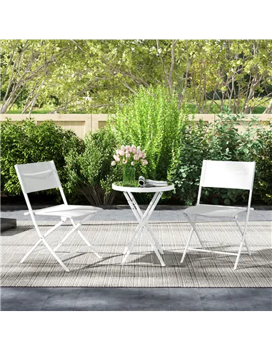Outsunny 3 Pieces Outdoor Bistro Set, Glass Top Outdoor Table and 2 Folding Chairs with Protecting Feet, White