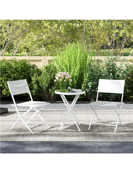 Outsunny 3 Pieces Outdoor Bistro Set, Glass Top Outdoor Table and 2 Folding Chairs with Protecting Feet, White