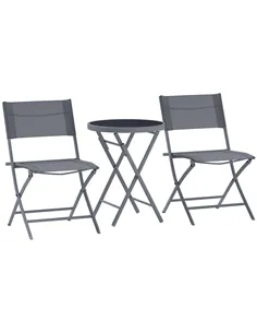Outsunny 3 Pieces Outdoor Bistro Set, Glass Top Outdoor Table and 2 Folding Chairs with Protecting Feet, Grey