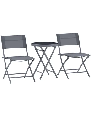 Outsunny 3 Pieces Outdoor Bistro Set, Glass Top Outdoor Table and 2 Folding Chairs with Protecting Feet, Grey