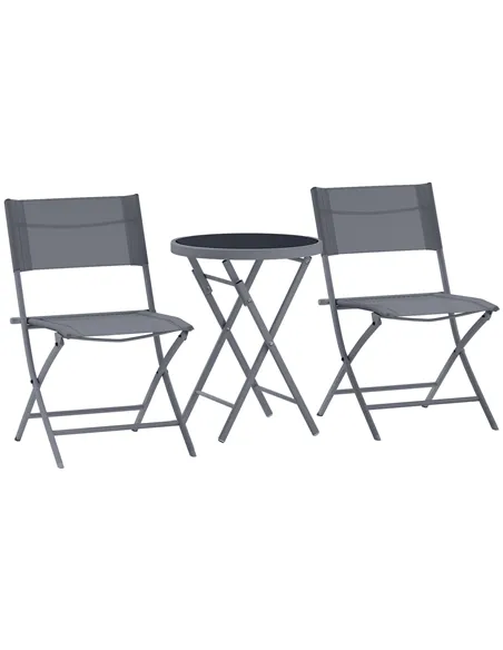 Outsunny 3 Pieces Outdoor Bistro Set, Glass Top Outdoor Table and 2 Folding Chairs with Protecting Feet, Grey