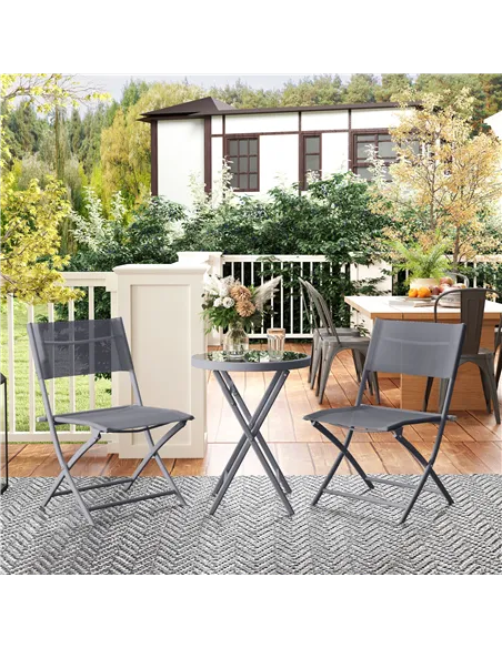 Outsunny 3 Pieces Outdoor Bistro Set, Glass Top Outdoor Table and 2 Folding Chairs with Protecting Feet, Grey