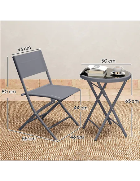 Outsunny 3 Pieces Outdoor Bistro Set, Glass Top Outdoor Table and 2 Folding Chairs with Protecting Feet, Grey