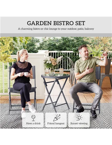 Outsunny 3 Pieces Outdoor Bistro Set, Glass Top Outdoor Table and 2 Folding Chairs with Protecting Feet, Grey