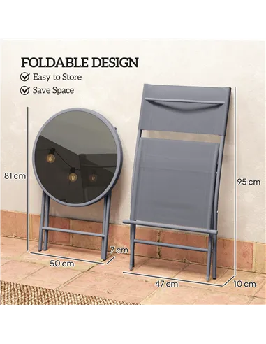 Outsunny 3 Pieces Outdoor Bistro Set, Glass Top Outdoor Table and 2 Folding Chairs with Protecting Feet, Grey