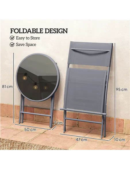 Outsunny 3 Pieces Outdoor Bistro Set, Glass Top Outdoor Table and 2 Folding Chairs with Protecting Feet, Grey