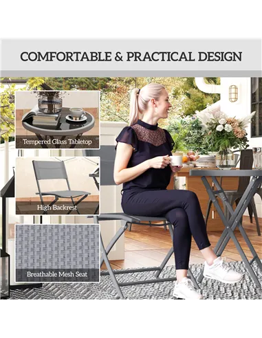 Outsunny 3 Pieces Outdoor Bistro Set, Glass Top Outdoor Table and 2 Folding Chairs with Protecting Feet, Grey