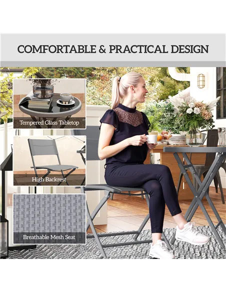 Outsunny 3 Pieces Outdoor Bistro Set, Glass Top Outdoor Table and 2 Folding Chairs with Protecting Feet, Grey