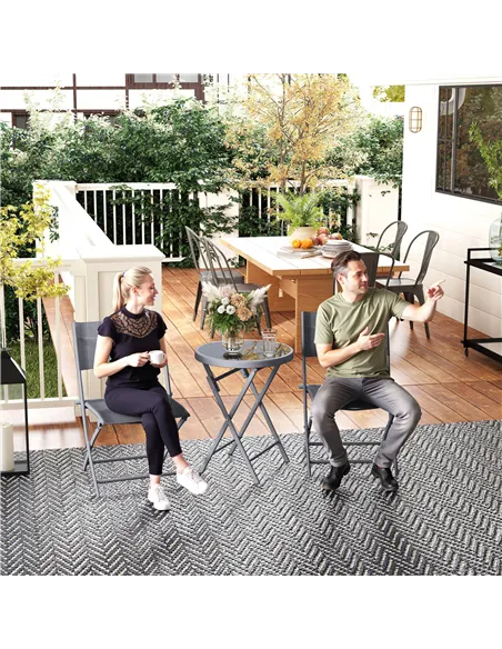 Outsunny 3 Pieces Outdoor Bistro Set, Glass Top Outdoor Table and 2 Folding Chairs with Protecting Feet, Grey