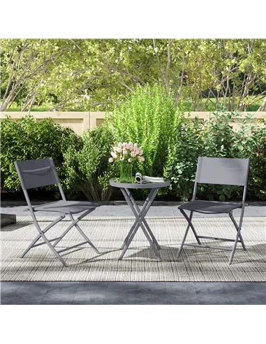 Outsunny 3 Pieces Outdoor Bistro Set, Glass Top Outdoor Table and 2 Folding Chairs with Protecting Feet, Grey
