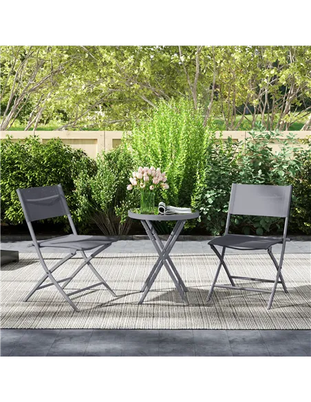 Outsunny 3 Pieces Outdoor Bistro Set, Glass Top Outdoor Table and 2 Folding Chairs with Protecting Feet, Grey