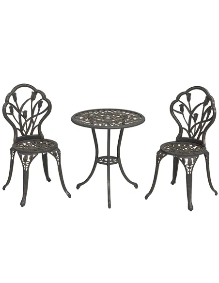 Outsunny 3 Piece Patio Bistro Set for 2, Outdoor Aluminium Garden Table and Chairs with Umbrella Hole for Balcony, Bronze Tone