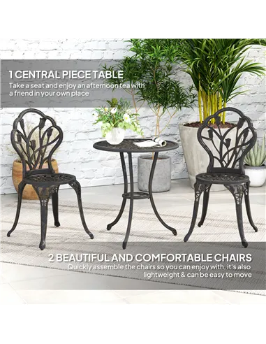 Outsunny 3 Piece Patio Bistro Set for 2, Outdoor Aluminium Garden Table and Chairs with Umbrella Hole for Balcony, Bronze Tone