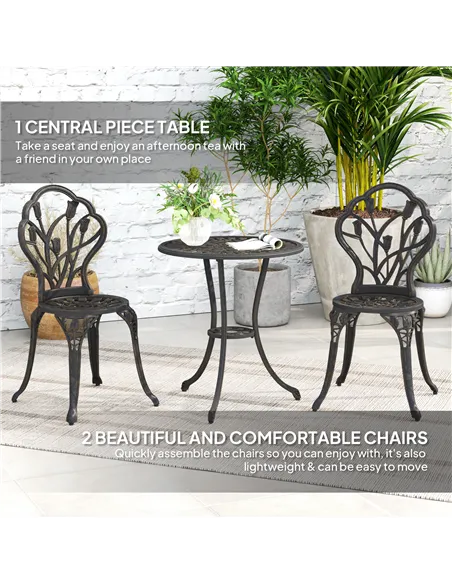 Outsunny 3 Piece Patio Bistro Set for 2, Outdoor Aluminium Garden Table and Chairs with Umbrella Hole for Balcony, Bronze Tone