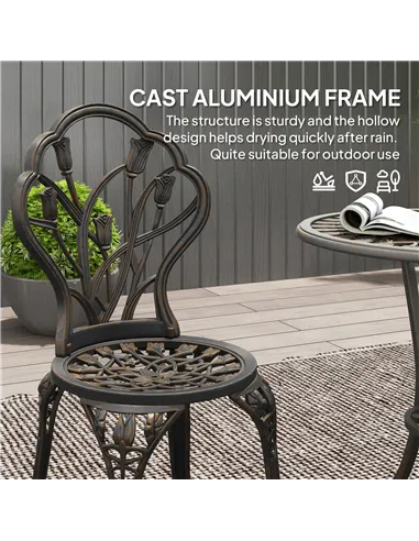 Outsunny 3 Piece Patio Bistro Set for 2, Outdoor Aluminium Garden Table and Chairs with Umbrella Hole for Balcony, Bronze Tone