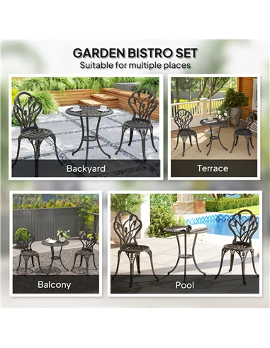 Outsunny 3 Piece Patio Bistro Set for 2, Outdoor Aluminium Garden Table and Chairs with Umbrella Hole for Balcony, Bronze Tone