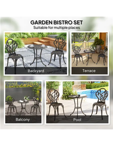 Outsunny 3 Piece Patio Bistro Set for 2, Outdoor Aluminium Garden Table and Chairs with Umbrella Hole for Balcony, Bronze Tone