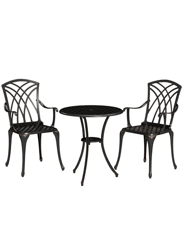 Outsunny 3 Pieces Garden Dining Set for 2, Cast Aluminium Outdoor Dining Set with 2 Armchairs and Round Dining Table with Paraso