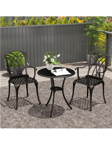 Outsunny 3 Pieces Garden Dining Set for 2, Cast Aluminium Outdoor Dining Set with 2 Armchairs and Round Dining Table with Paraso