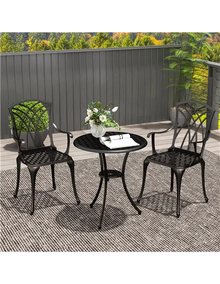 Outsunny 3 Pieces Garden Dining Set for 2, Cast Aluminium Outdoor Dining Set with 2 Armchairs and Round Dining Table with Paraso