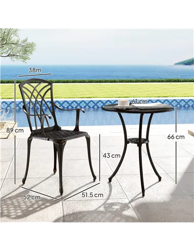 Outsunny 3 Pieces Garden Dining Set for 2, Cast Aluminium Outdoor Dining Set with 2 Armchairs and Round Dining Table with Paraso