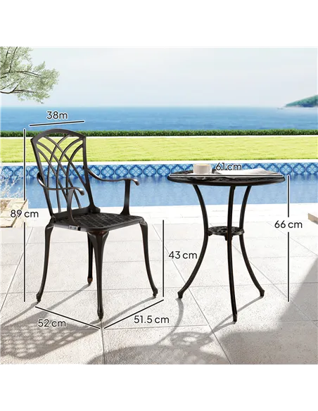 Outsunny 3 Pieces Garden Dining Set for 2, Cast Aluminium Outdoor Dining Set with 2 Armchairs and Round Dining Table with Paraso
