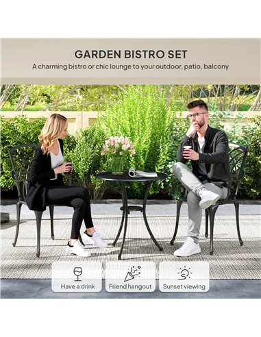 Outsunny 3 Pieces Garden Dining Set for 2, Cast Aluminium Outdoor Dining Set with 2 Armchairs and Round Dining Table with Paraso