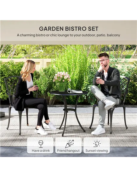 Outsunny 3 Pieces Garden Dining Set for 2, Cast Aluminium Outdoor Dining Set with 2 Armchairs and Round Dining Table with Paraso