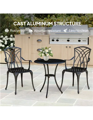 Outsunny 3 Pieces Garden Dining Set for 2, Cast Aluminium Outdoor Dining Set with 2 Armchairs and Round Dining Table with Paraso