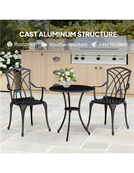 Outsunny 3 Pieces Garden Dining Set for 2, Cast Aluminium Outdoor Dining Set with 2 Armchairs and Round Dining Table with Paraso