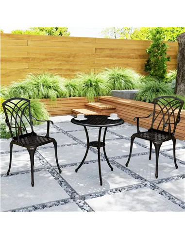 Outsunny 3 Pieces Garden Dining Set for 2, Cast Aluminium Outdoor Dining Set with 2 Armchairs and Round Dining Table with Paraso