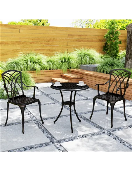Outsunny 3 Pieces Garden Dining Set for 2, Cast Aluminium Outdoor Dining Set with 2 Armchairs and Round Dining Table with Paraso