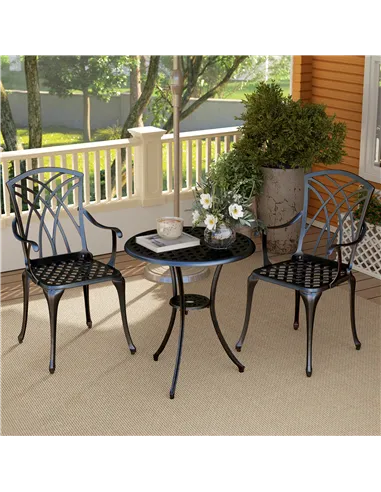 Outsunny 3 Pieces Garden Dining Set for 2, Cast Aluminium Outdoor Dining Set with 2 Armchairs and Round Dining Table with Paraso