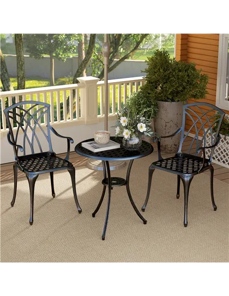 Outsunny 3 Pieces Garden Dining Set for 2, Cast Aluminium Outdoor Dining Set with 2 Armchairs and Round Dining Table with Paraso