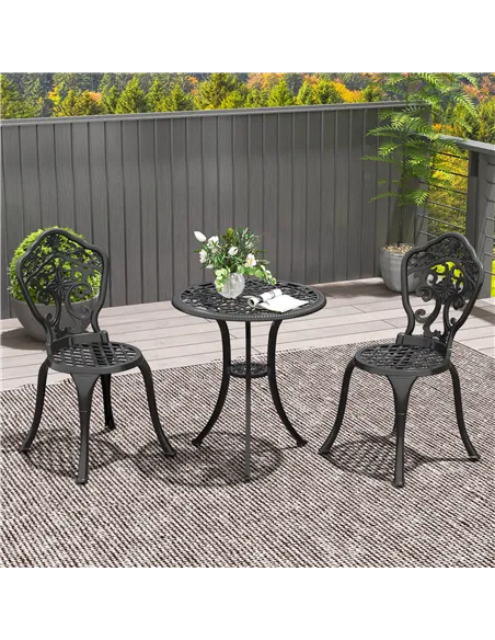 Outsunny Three-Piece Aluminium Floral Bistro Set - Black