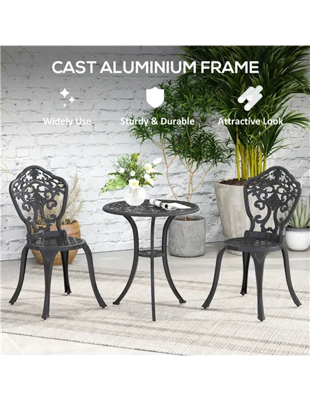 Outsunny Three-Piece Aluminium Floral Bistro Set - Black