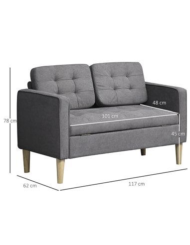 HOMCOM Modern 2 Seater Sofa with Hidden Storage, 117cm Tufted Cotton Couch with Wood Legs, Compact Loveseat for Living Room, Kit